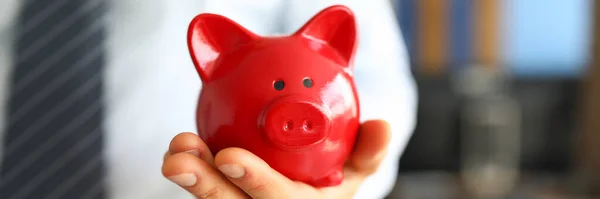 Male businessman hold in hand red little piggybank — Stock Photo, Image