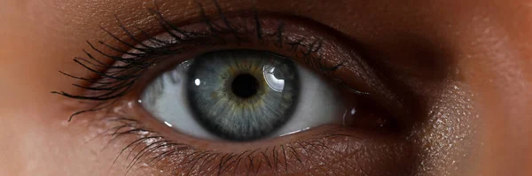 Amazing female blue and green colored wide opened eye in low light technique — Stock Photo, Image