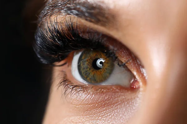 Hermoso ojo derecho de color verde femenino con extensiones de pestañas — Foto de Stock
