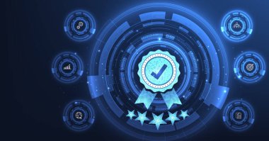 Kalite yönetimi ve doğrulama süreci kavramı. Kalite Güvencesi (QA) ve Kalite Kontrolü (QC), ISO sertifikası, kalite güvencesi simgesi koyu mavi arkaplandadır.