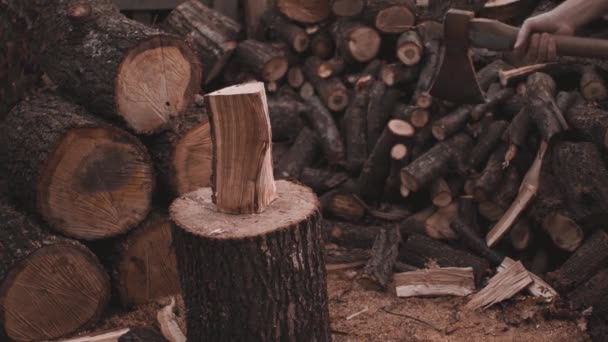 Egy nagy, erős ember fejszével hasítja a fát. — Stock videók