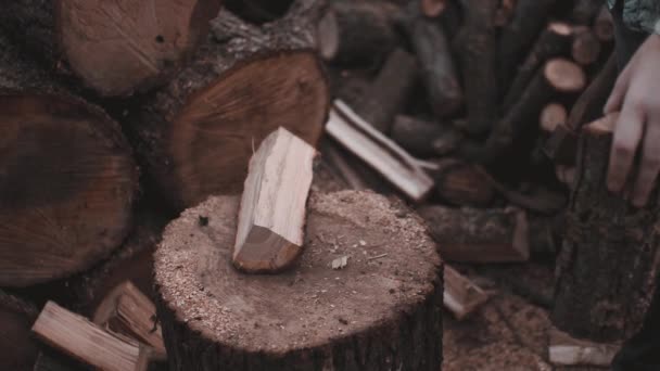 Young man in shirt throw down wood to place new one and continue chopping — Stock Video