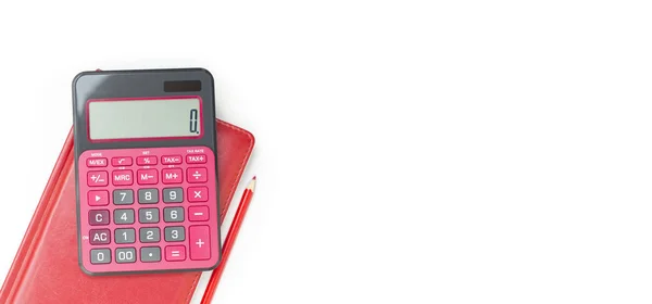 Red Calculator Organizer White Table Red Pencil — Stock Photo, Image