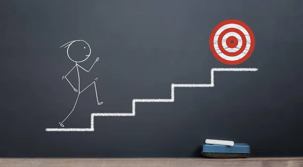 Çöp Adam kırmızı hedef ulaşmak için merdiven dışarı gidiyor. başarı ve ta