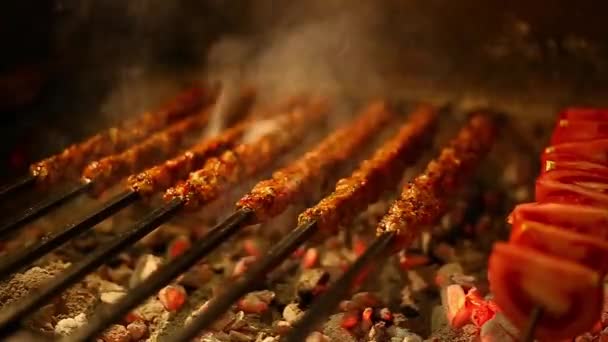 Shish Kebab Turkish Dimasak Atas Panggangan Dengan Asap — Stok Video