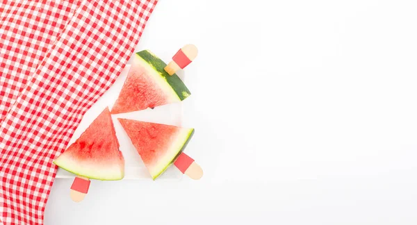 Triangle Cut Watermelon Slice Wooden Stick Handle Plaid Red Picnic — Stock Photo, Image