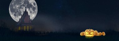 Korkunç gece manzarası Jack o fener ve şato. Cadılar bayramı arka planı.