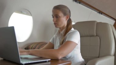 Telefon ve defter özel jet kullanan genç iş kadını,