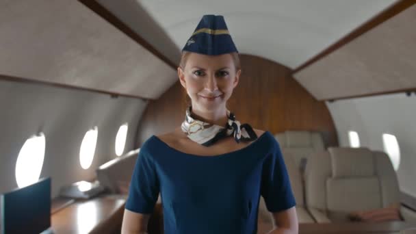 Portret van jonge stewardess binnenkant van prive-jet cabine. — Stockvideo