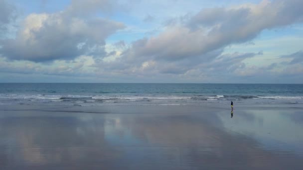 Aerial view of tropical beach island and ocean. Flying to horizon. — Stock Video