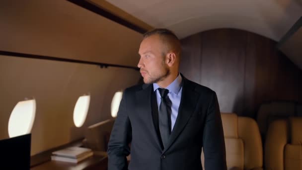 Zakelijk persoon midden portret in Private Jet. — Stockvideo