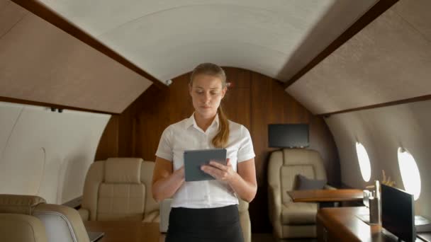 Επιχειρηματίας στον αέρα ιδιωτικό τζετ σέρφινγκ ίντερνετ στο Tablet PC — Αρχείο Βίντεο