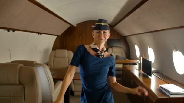 Stewardess tanzt freudig in Business-Jet-Kabine — Stockvideo