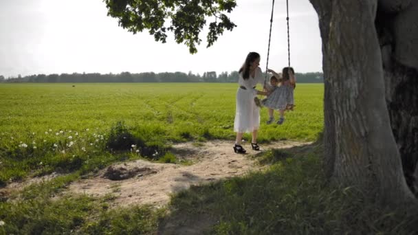 Молодая женщина качается на качелях двое ее детей 1 и 3 года — стоковое видео