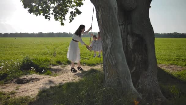 Mutter schwingt ihre beiden kleinen Töchter auf einer Schaukel — Stockvideo