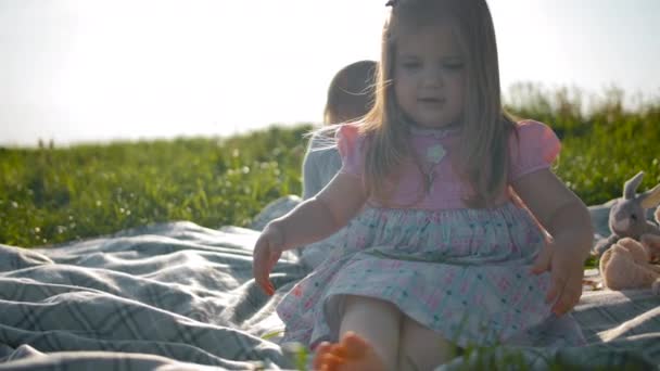 二人の小さな姉妹がピクニックカバーの上に座っている. — ストック動画