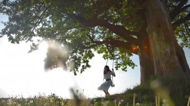 Широкий взгляд на молодую девушку, качающуюся. Она веселая и счастливая в полете над зеленым полем . — стоковое видео