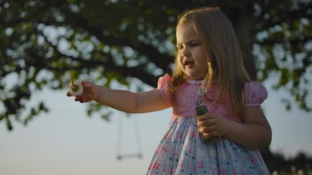 En liten flicka i en klänning bjuder in sin lillasyster att blåsa såpbubblor. — Stockvideo