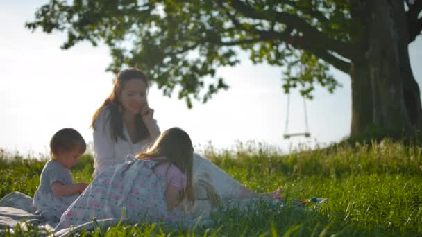 Atractiva momia y sus dos pequeñas chicas hicieron un picnic . — Vídeos de Stock