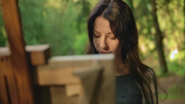 Porträttbild av en ung kvinna som målar ett landskap på duk mitt i parken — Stockvideo