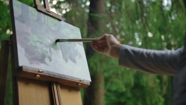 Дівчина з пензлем в руках малює озеро і дерева на полотні . — стокове відео
