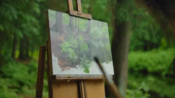 Malerin sieht sich ein Bild an, das sie in einem Wald gemalt hat — Stockvideo