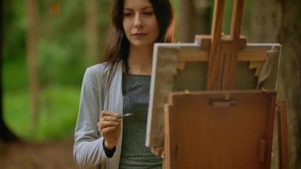 Portrait of a beautiful brunette woman painting a picture on canvas in a park. — ストック動画