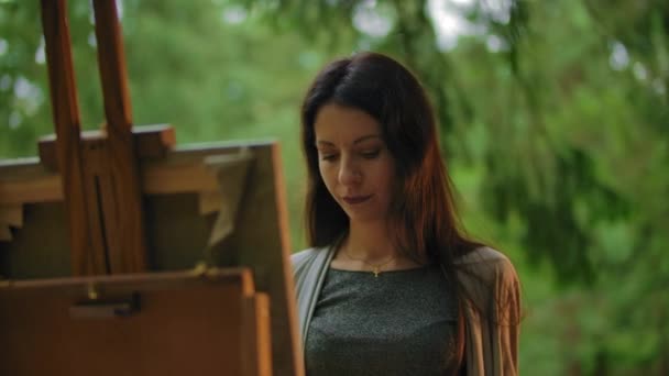 Портрет молодой женщины, рисующей пейзаж на мольберте . — стоковое видео