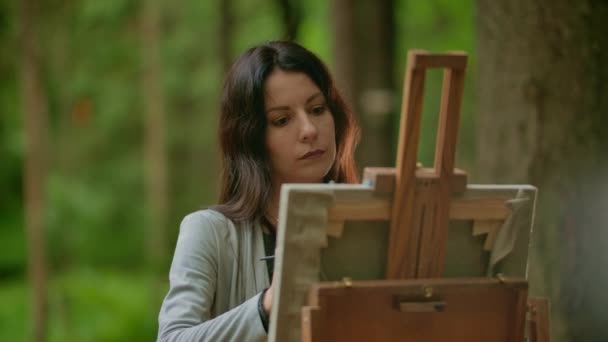 Portrait of a beautiful brunette lady painting a picture on canvas in a park. — Stockvideo