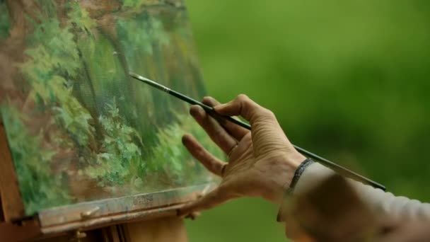 Primer plano de una palma femenina un artista con un pincel haciendo los toques finales sobre la pintura . — Vídeos de Stock