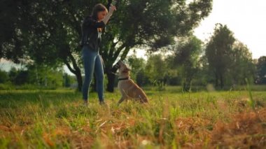 Genç bir kız, köpeğini parkta söz sahibi olması için eğitiyor..