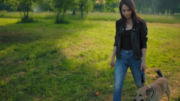 Frontal wide view of a young woman in jeans and leather jacket leading her dog for a walk. — Stock Video