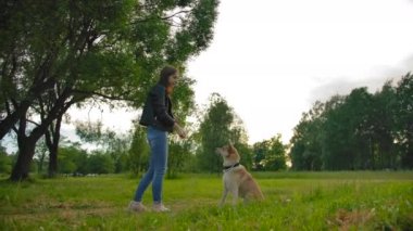 Dişi, köpeğine yemek fırlatıyor, yavru köpek de onu havada yakalıyor. Yavaş çekim. 