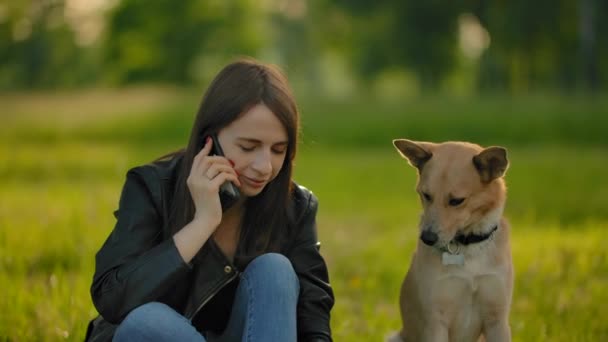 Chica atractiva hablando en el teléfono inteligente mientras pasea con un perro en el parque . — Vídeos de Stock