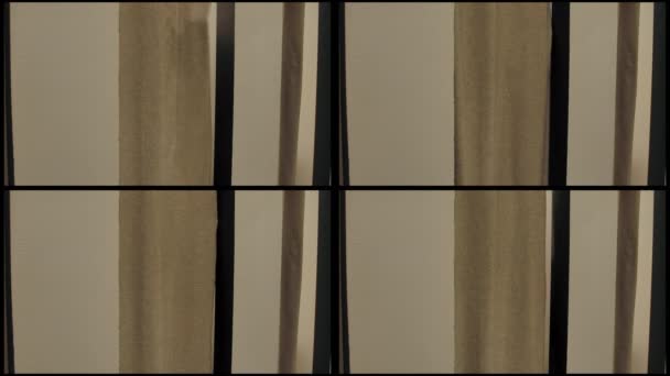 Collage eines blonden Mädchens, das den Vorhang zurückzieht und unterschiedliche Kleider zeigt — Stockvideo