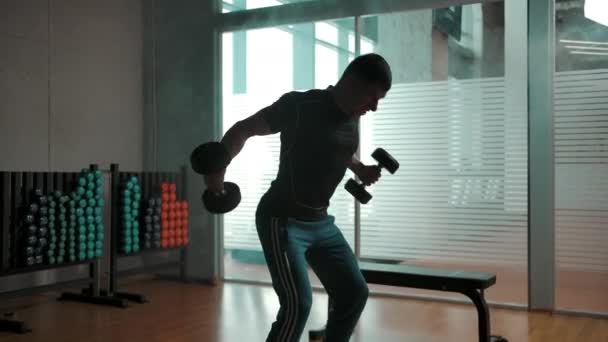 Musclé mâle à peine travailler avec haltères lourdes — Video