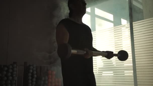 The silhouette of an adult male lifting a barbell for biceps pumping up — Stock Video