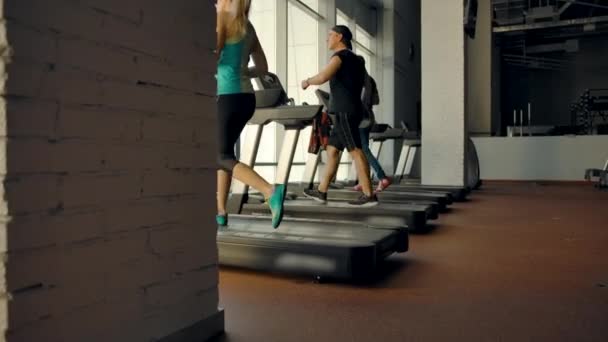 Modern spor salonunun içinde koşu bandında yürüyen sporcuların düşük açılı görüntüsü — Stok video