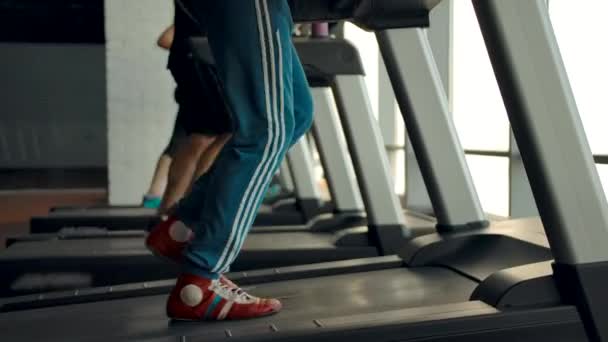 Tres personas corriendo en cintas de correr en una vista lateral del gimnasio — Vídeos de Stock