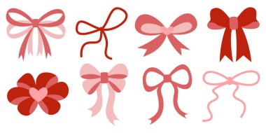 Pembe ve kırmızı fiyonk koleksiyonu. Kutlama, düğün, doğum günü, Noel, Sevgililer Günü, hediye paketi, tasarım unsurları, moda, festival dekorasyonu için dekoratif kurdele koleksiyonu.