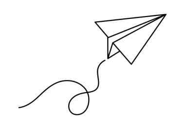 Kıvrımlı uçakla uçan kağıt uçak. Asgari çizgi çizimi. Düzenlenebilir felç. Özgürlüğü, seyahati, iletişimi, yaratıcılığı, macerayı, mesajı, hayal gücünü ve rüyaları simgeleyen çizimler