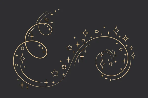 Parlayan yıldızlarla altın sihirli girdap ve karanlık arka planda parıltılar. Fantezi kıvrımlı zarif dekoratif çizgiler, parlayan yıldız tozu ve mistik göksel süs tasarımı.