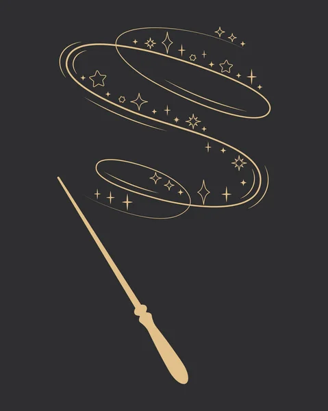 Sarmal kıvrımlı altın sihirli değnek ve karanlık arka planda izole edilmiş parıldayan yıldızlar. Peri masalı, sihir, fantezi, gizem temalı, parıldayan fantezi ışıklarıyla büyülenmiş büyücü sopası.