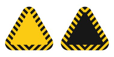 Set of triangular caution warning signs with yellow and black striped hazard border. Industrial danger icon collection for construction, safety, alert, risk, attention, security design