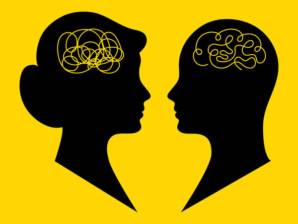Silhouette illustration of man and woman heads with abstract brain lines representing different thinking process, communication, psychology, gender concept, mental health, black yellow contrast design