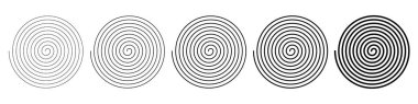 Spiral icons. Editable stroke. Set of five black spiral line patterns, abstract circular swirl collection, hypnotic vortex design elements, geometric concentric rotation shapes for decoration and art