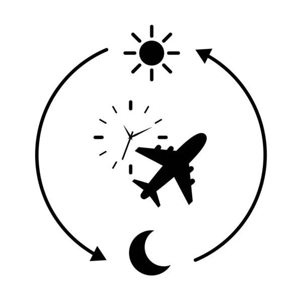 Airplane with clock sun and moon cycle illustration symbolizing circadian rhythm jet lag and travel health. Minimal line art concept of biological time sleep schedule and wellbeing during flights