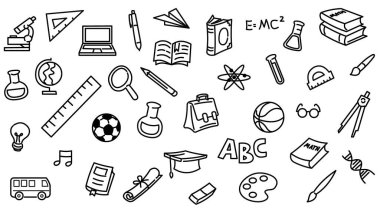 Okula geri dön. Beyaz arka planda izole edilmiş karalama sanat vektörü.