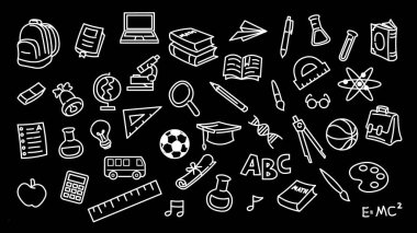 Okula geri dön. Siyah arka planda karalama sanatı.