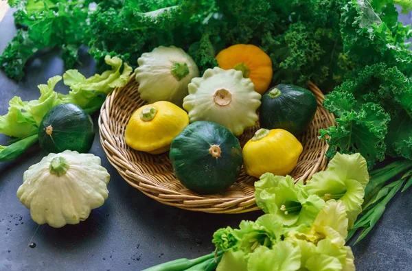 Bunte Kleine Patissons Die Auf Einem Öko Bauernhof Angebaut Werden — Stockfoto